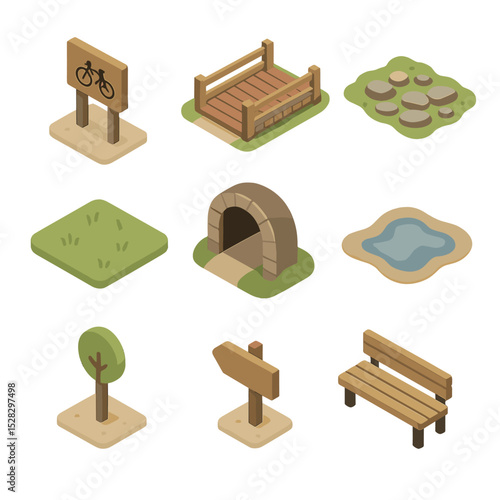 Bike Trail Icons. Isometric Flat icon set of bike trail elements: trailhead sign, wooden bridge, rocky path, grassy patch, tunnel