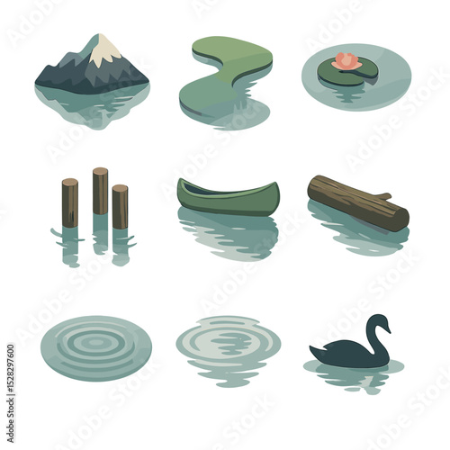 Calm Water Reflections. Isometric Flat icon set of calm water reflections: mountain lake, river bend, pond lily pad, dock pilings,
