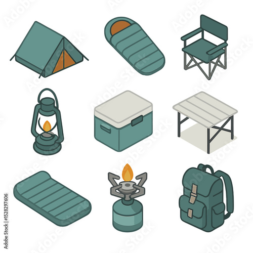 Camping Gear Icons. Isometric Flat icon set of lakeside camping gear: tent, sleeping bag, camping chair, lantern, cooler, folding