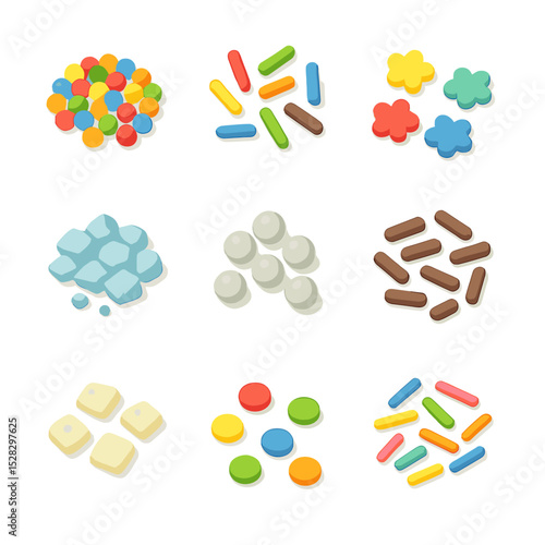 Candy Sprinkles Icons. Isometric Flat icon set of Candy Sprinkles Varieties: nonpareils, jimmies, quins, crystal sugar grains,