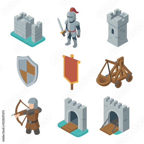 Castle Defense Icons. Isometric Flat icon set of Castle defense scene: castle walls, knight with sword, tower, shield, banner,