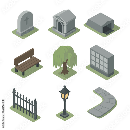 Cemetery Icon Set. Isometric Flat icon set of cemetery landscapes: headstone, mausoleum, crypt, columbarium wall, mourning bench,