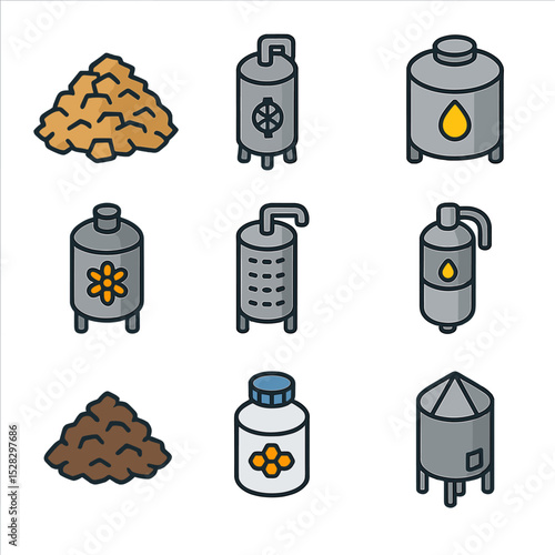Cellulosic Ethanol Icon Set. Isometric Flat icon set of Cellulosic ethanol conversion: wood chip pile, pretreatment reactor,