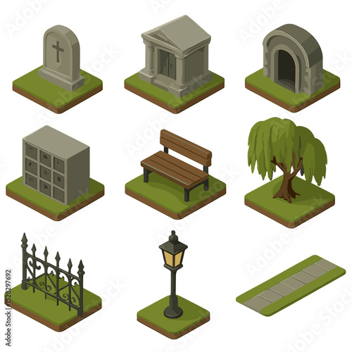 Cemetery Icon Set. Isometric Flat icon set of cemetery landscapes: headstone, mausoleum, crypt, columbarium wall, mourning bench,