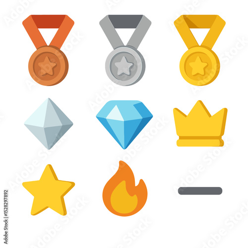 Competitive Rank Icons. Isometric Flat icon set of competitive ranking tiers: bronze medal, silver medal, gold medal, platinum gem