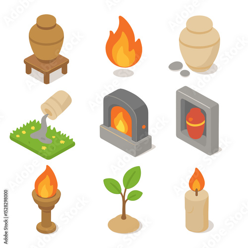 Cremation Symbols Icons. Isometric Flat icon set of cremation symbols: urn stand, flame icon, ashes collection vase, scattering
