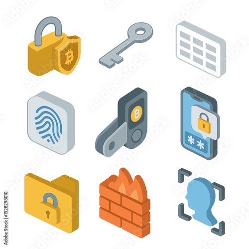 Crypto Security Icons. Isometric Flat icon set of Crypto wallet security: padlock shield, private key, seed phrase card,