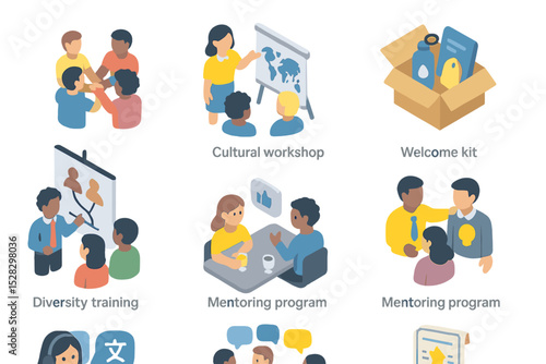 Cultural Integration Icons. Isometric Flat icon set of cultural integration practices: team-building event, cultural workshop,