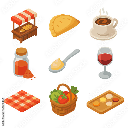 Cultural Tasting Icons. Isometric Flat icon set of Cultural tasting experiences: street food stall, local pastry, coffee cup,