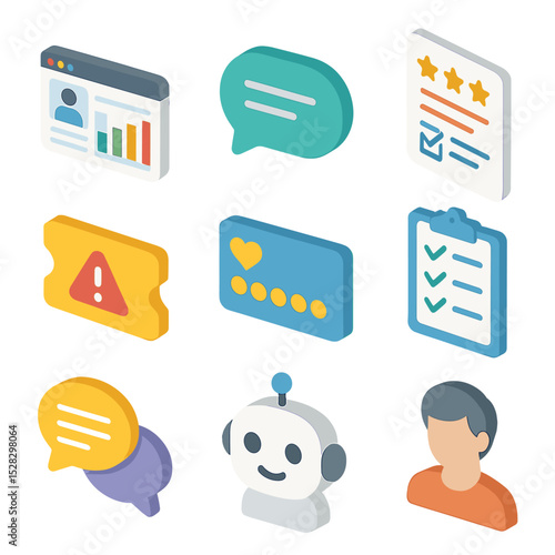 Customer Tools Icon Set. Isometric Flat icon set of customer engagement tools: CRM dashboard, live chat bubble, feedback form,