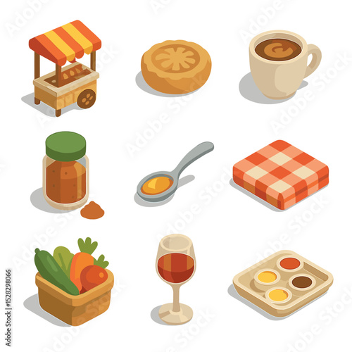 Cultural Tasting Icons. Isometric Flat icon set of Cultural tasting experiences: street food stall, local pastry, coffee cup,
