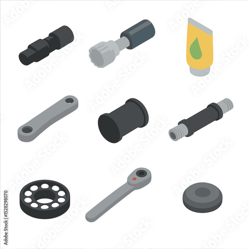 Cycling Tool Icons. Isometric Flat icon set of Bottom bracket and crankset service: crank extractor, bottom bracket tool, grease