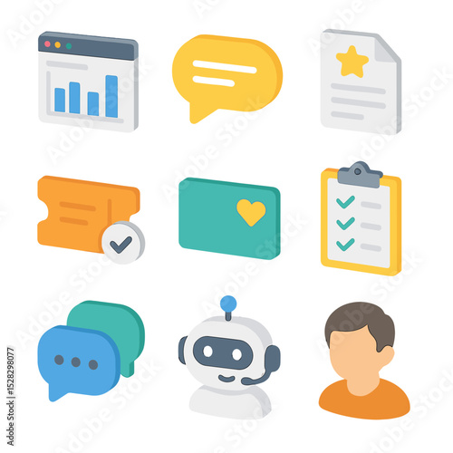 Customer Tools Icon Set. Isometric Flat icon set of customer engagement tools: CRM dashboard, live chat bubble, feedback form,