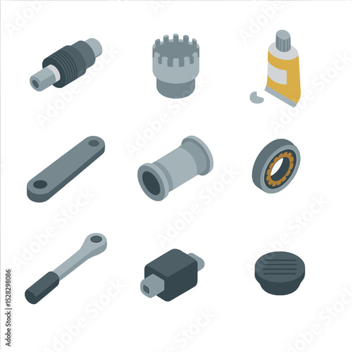 Cycling Tool Icons. Isometric Flat icon set of Bottom bracket and crankset service: crank extractor, bottom bracket tool, grease