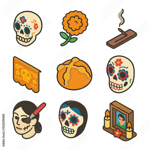 Day of the Dead Icons. Isometric Flat icon set of Day of the Dead: sugar skull, marigold flower, incense stick, altar candle,
