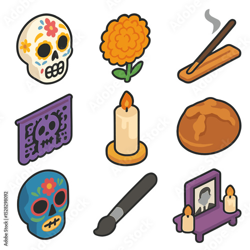 Day of the Dead Icons. Isometric Flat icon set of Day of the Dead: sugar skull, marigold flower, incense stick, altar candle,
