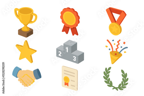 Digital Team Awards Icons. Isometric Flat icon set of Digital Team Awards: trophy, ribbon, medal, certificate, star, podium,