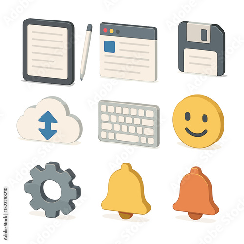 Digital Journal Icon Set. Isometric Flat icon set of Digital journaling interface: tablet screen, stylus, app window, save icon,