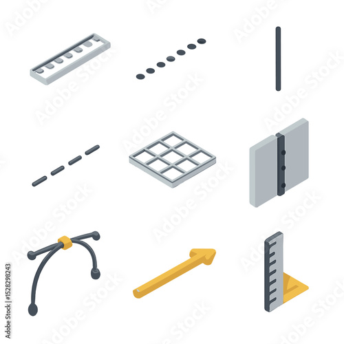 Isometric Divider Icons. Isometric Flat icon set of design dividing elements: divider line ruler, dotted separator, vertical rule