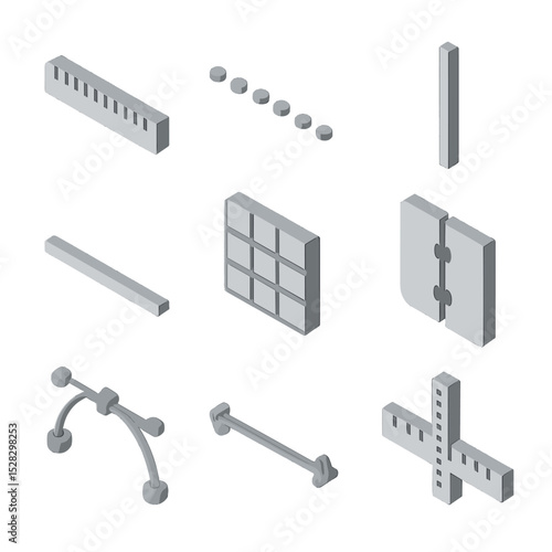 Isometric Divider Icons. Isometric Flat icon set of design dividing elements: divider line ruler, dotted separator, vertical rule