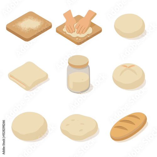 Dough Preparation Icons. Isometric Flat icon set of dough preparation stages: flour-dusted board, kneading hands, dough ball,