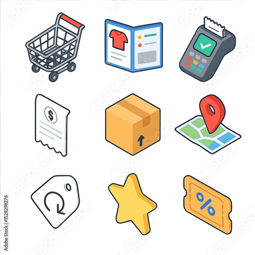 E-commerce Essentials Icons. Isometric Flat icon set of e-commerce startup essentials: shopping cart, product catalog, payment