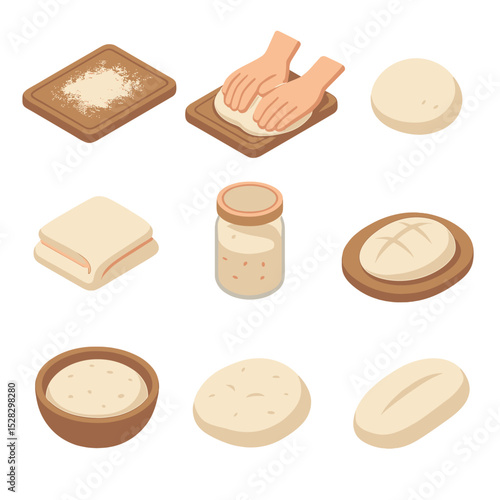 Dough Preparation Icons. Isometric Flat icon set of dough preparation stages: flour-dusted board, kneading hands, dough ball,