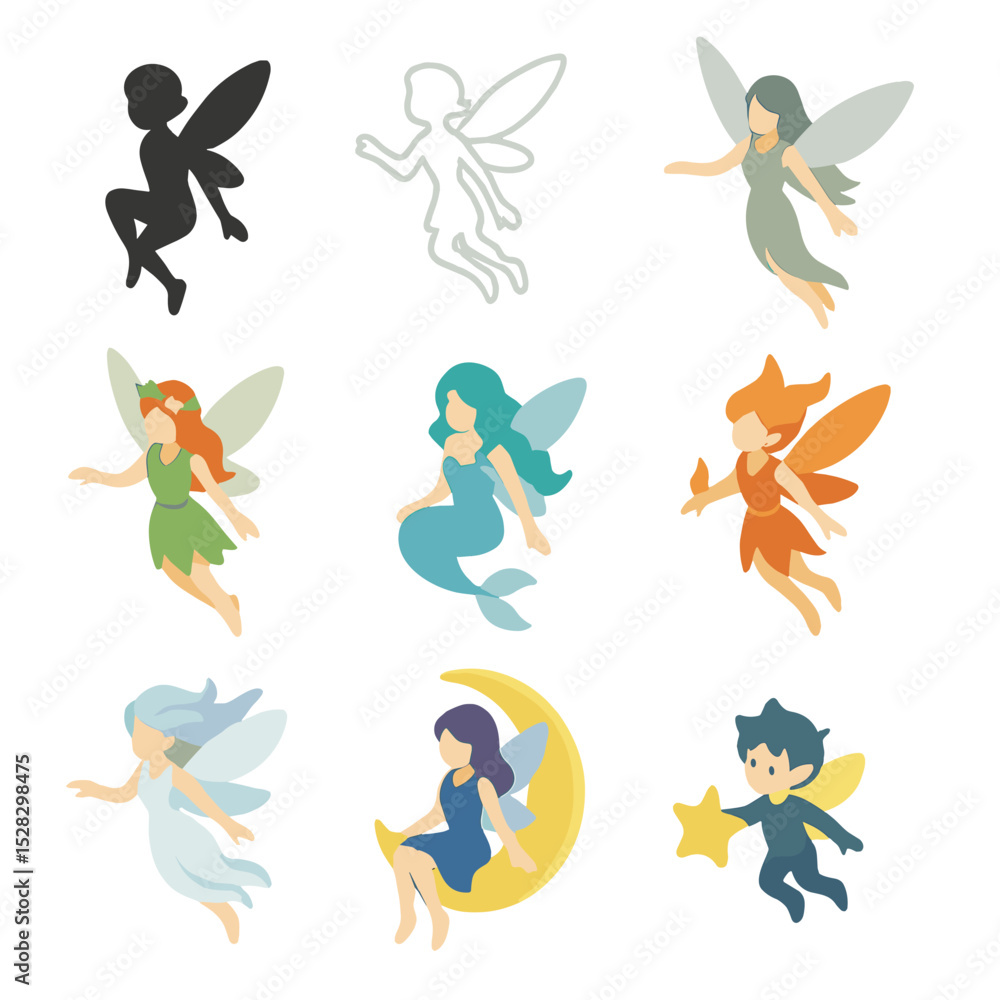 Fototapeta premium Fantasy Winged Creatures Icons. Isometric Flat icon set of Fantasy Winged Creatures: pixie silhouette, sprite outline, sylph