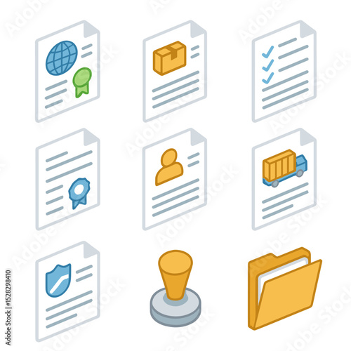 Export Compliance Icons. Isometric Flat icon set of Export Compliance Documentation: export license, commercial invoice, packing