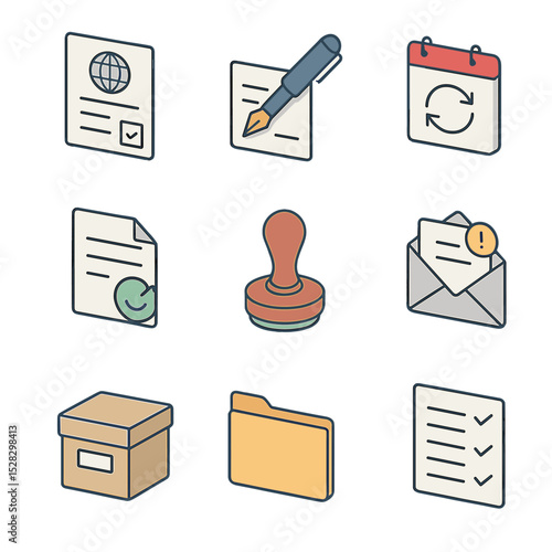 Export License Icon Set. Isometric Flat icon set of Export License Renewal and Amendments: renewal form, amendment pen, calendar