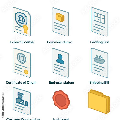 Export Compliance Icons. Isometric Flat icon set of Export Compliance Documentation: export license, commercial invoice, packing