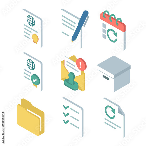 Export License Icon Set. Isometric Flat icon set of Export License Renewal and Amendments: renewal form, amendment pen, calendar