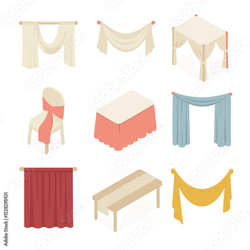Isometric Fabric Decor Icons. Isometric Flat icon set of draping and fabric décor: sheer drape, tulle swag, fabric canopy, chair