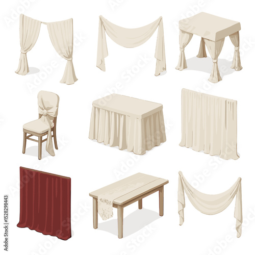 Isometric Fabric Decor Icons. Isometric Flat icon set of draping and fabric décor: sheer drape, tulle swag, fabric canopy, chair