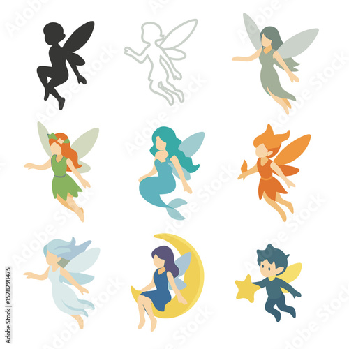 Fantasy Winged Creatures Icons. Isometric Flat icon set of Fantasy Winged Creatures: pixie silhouette, sprite outline, sylph