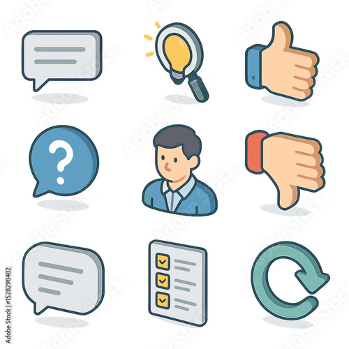 Feedback System Icons. Isometric Flat icon set of feedback and hint systems: tooltip box, hint magnifier, feedback thumbs-up,