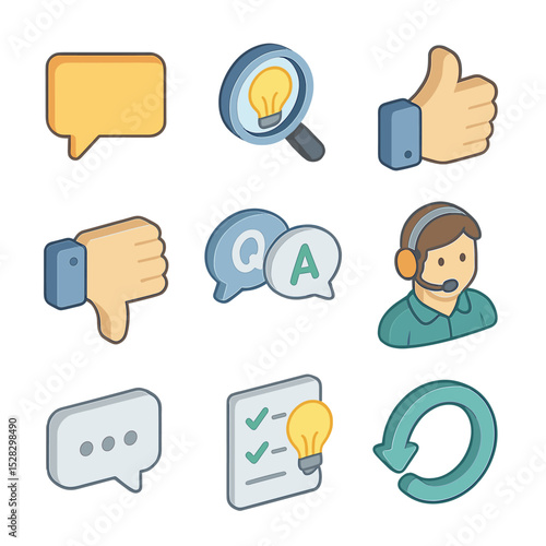 Feedback System Icons. Isometric Flat icon set of feedback and hint systems: tooltip box, hint magnifier, feedback thumbs-up,