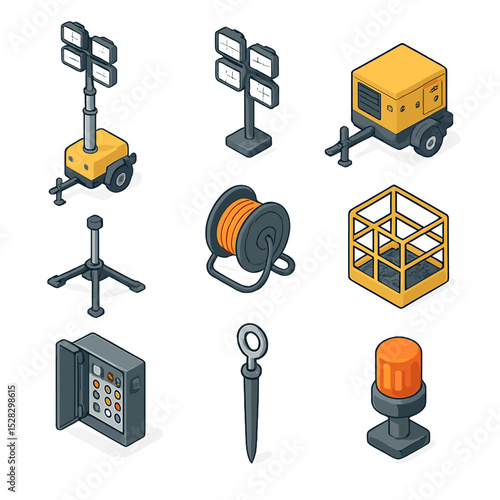 Floodlight Tower Icons. Isometric Flat icon set of Floodlight Towers: telescopic mast, floodlight array, generator unit,