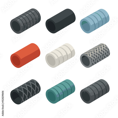 Flexible Hose Icons. Isometric Flat icon set of Flexible hose materials: PVC hose, rubber hose, polyurethane hose, silicone hose,