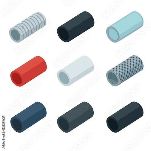 Flexible Hose Icons. Isometric Flat icon set of Flexible hose materials: PVC hose, rubber hose, polyurethane hose, silicone hose,