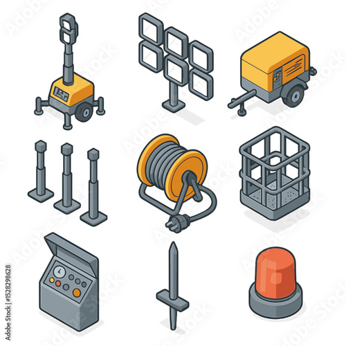 Floodlight Tower Icons. Isometric Flat icon set of Floodlight Towers: telescopic mast, floodlight array, generator unit,
