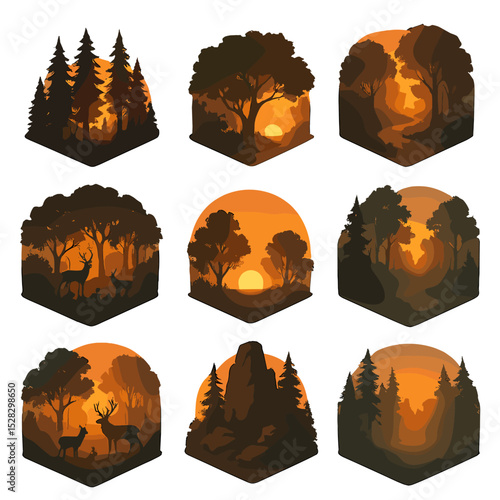 Forest Sunset Icons. Isometric Flat icon set of Forest silhouette at sunset: tall pines, leafy canopy, forest path, sun peeking,