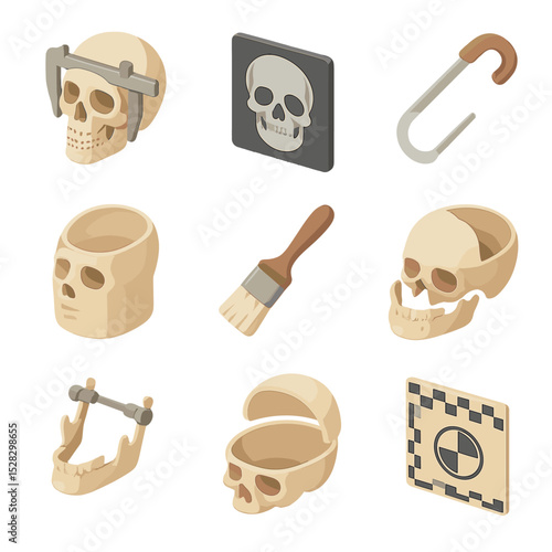 Forensic Skull Toolkit Icons. Isometric Flat icon set of forensic skull toolkit: skull with caliper, cranial x-ray, autopsy saw,
