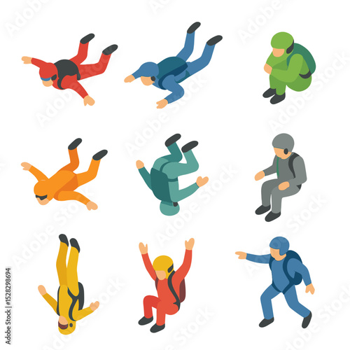 Freefall Body Positions. Isometric Flat icon set of Freefall Body Positions: stable arch pose, tracking position, tuck position,