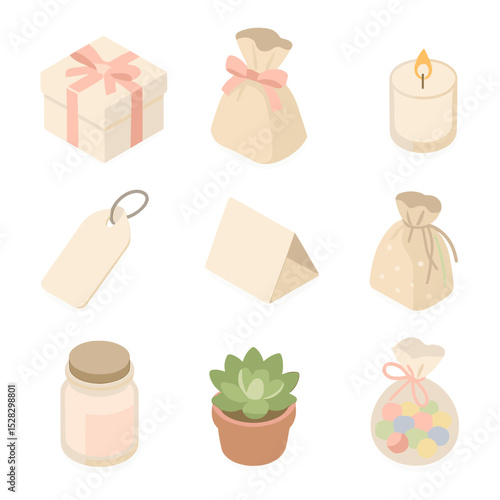 Gift Table Icons. Isometric Flat icon set of favors and gift table: favor box, ribbon-tied bag, mini candle, personalized tag,