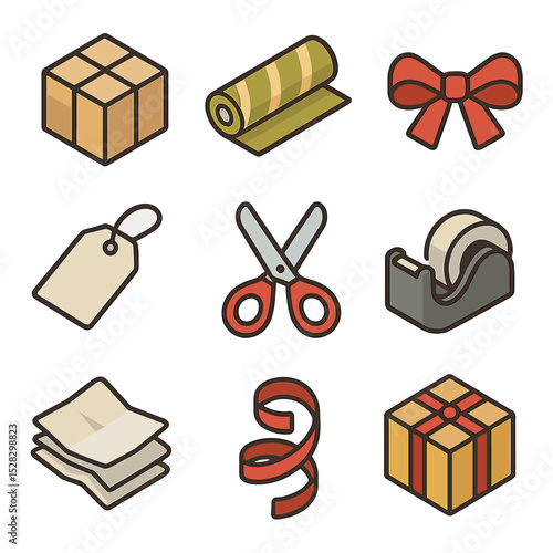 Gift Wrapping Icons. Isometric Flat icon set of Gift wrapping station: gift box, wrapping paper roll, ribbon bow, gift tag,
