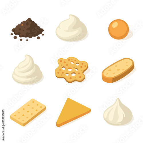 Gourmet Garnish Icons. Isometric Flat icon set of Plating element garnishes: edible soil, foam dollop, gel sphere, espuma swirl,