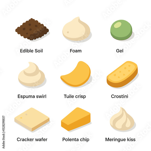 Gourmet Garnish Icons. Isometric Flat icon set of Plating element garnishes: edible soil, foam dollop, gel sphere, espuma swirl,