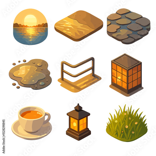 Golden Hour Icon Set. Isometric Flat icon set of golden hour water reflections: sunrise lake, golden sand shoreline, wet stone