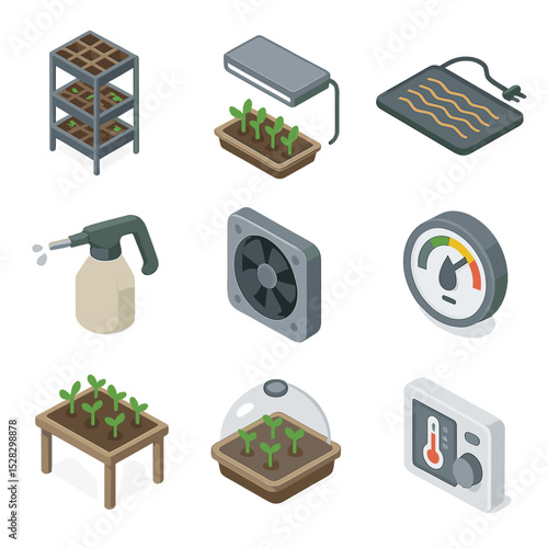 Greenhouse Propagation Icons. Isometric Flat icon set of greenhouse propagation: seed tray rack, grow light panel, heating mat,
